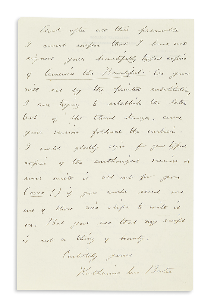 BATES, KATHARINE LEE. Autograph Letter Signed, to My dear Dr. Green,